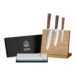 Set of 3 Santoku knives with magnetic bamboo knife holder and water sharpening stone. Includes 7" Santoku, 5.5" Santoku, and 4" paring knives. Made of high-quality materials.