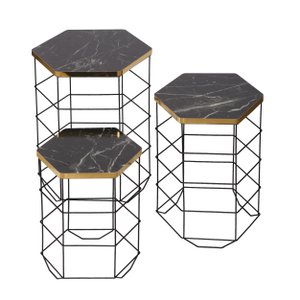 Metalen bijzettafel marmer look van Naturn Living | Bijzettafel set van 3 | Draadmanden bijzettafels | Marmer look tafelblad | Hout| Decoratieve tafels | Opbergmanden | Mat goud