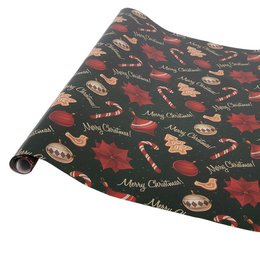  This gift wrap paper features a festive holiday pattern with candy canes, gingerbread cookies, poinsettia flowers, and other Christmas-themed elements in red, green, and gold colors on a dark background. The pattern creates a cozy, traditional Christmas feel.