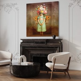 A vibrant bouquet of colorful flowers in a vase, held by a young girl in a green dress with butterfly wings. The image has a vintage, dreamlike quality.