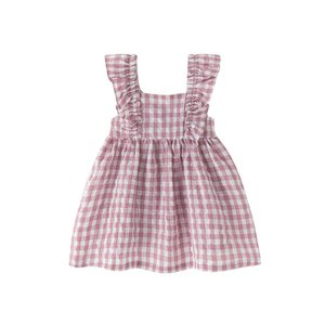 Mauve babyjurkje met gingham-ruit, ruches en kikker BGV96599