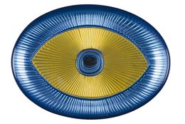 Oval-shaped serving bowl with a vibrant blue and yellow color scheme, featuring a unique eye-like design in the center.