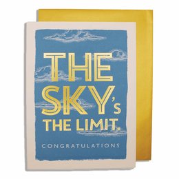 Congratulatory card with text "The Sky's The Limit" and an illustration of clouds against a blue sky background.