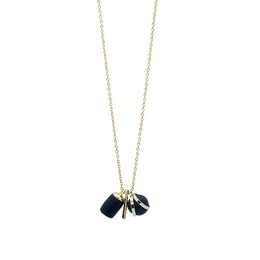 Gold necklace with three tiny black charm pendants, including a ball, weight, and bar shape.