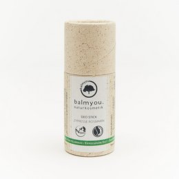 Handmade deodorant stick in a grass paper tube, with a fresh cypress rosemary scent, vegan and eco-friendly.