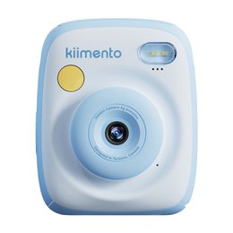  Sky blue instant print camera, compact design, yellow buttons, educational toy, prints photos instantly