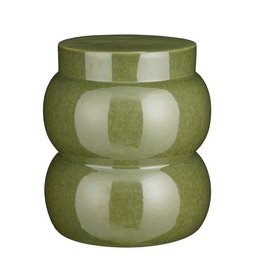  A round, tall side table with a green, ceramic finish. The table has a stacked, cylindrical design and a smooth, glossy surface.