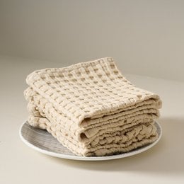 Creamy malt waffle weave cotton face towel, textured grid pattern, soft absorbent hand towel