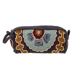 A blue cotton cosmetic bag with a patterned design featuring geometric shapes and colors.
