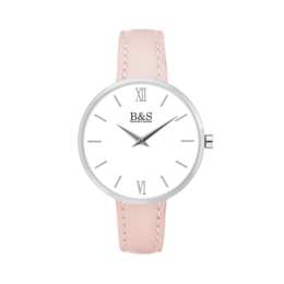 A simple, elegant watch with a white dial and a light pink leather strap. The watch features a classic Roman numeral design and a stainless steel case, making it a versatile accessory for any occasion.