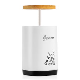A white toothpick dispenser with a bamboo lid and an easy-lift function. The dispenser has a sleek, modern design and is suitable for storing and dispensing toothpicks.