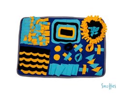 Colorful, textured pet toy with various shapes and patterns, including a sunflower, waves, and geometric designs.