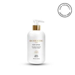 A 500ml white bottle with a gold pump dispenser, containing a moisturizing body lotion. The product is labeled "Ecoestic Body Lotion" and is suitable for all skin types.