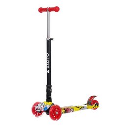 Colorful scooter with adjustable height and 3 wheels for kids. Made of durable materials in red, blue, and pink color variants.