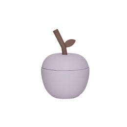 A round, light purple ceramic cup with a brown stem and lid, resembling an apple.