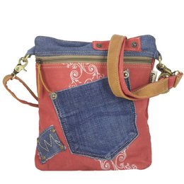 Sustainable shoulder bag made from recycled jeans and canvas. Vintage retro style crossbody bag for women.