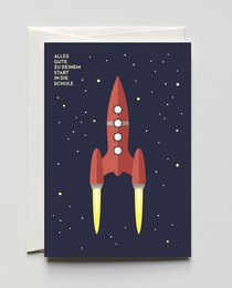 A red rocket ship blasting off against a starry night sky.