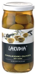 Green Halkidiki olives with pit, packed in a glass jar. Olives have a firm texture and a mild, slightly nutty flavor.