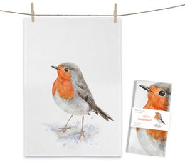 A tea towel featuring a watercolor illustration of a robin redbreast bird. The towel has a soft, absorbent fabric and is suitable for drying dishes or hands.