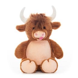 A plush toy of a highland cow with a soft, furry brown body and horns. The cow has a cute, friendly expression and is suitable for children.