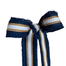  "Woven fabric belt dark blue gold striped, tie closure, casual style accessory"