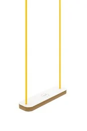 A rectangular white and yellow swing with a rope seat, suitable for indoor or outdoor use.