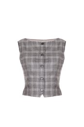  Grey plaid wool vest with button front closure, made in Italy, available in sizes 40, 42, and 44.