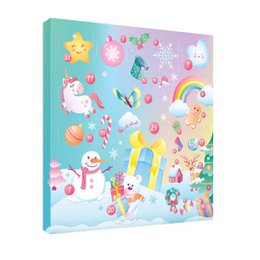 Colorful children's advent calendar with festive icons including a unicorn, snowman, rainbow, and more. Ideal for holiday decor and gift-giving.