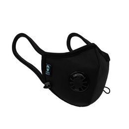 A black, reusable face mask with a nose wire and adjustable straps. The mask has a circular valve for improved breathability.