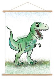 A large, green dinosaur with sharp teeth and claws, standing on a grassy field. The dinosaur appears to be a Tyrannosaurus rex, a powerful and fearsome prehistoric creature.