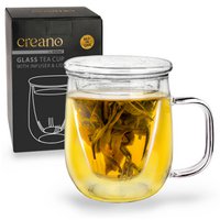 Creano tea glass 450ml - large tea cup with strainer and glass lid - an ideal tea maker
