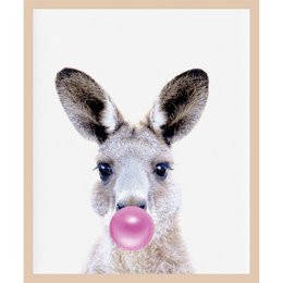  Whimsical kangaroo wall art with a kangaroo wearing a pink bubble gum. Suitable for a kids room or nursery decor.
