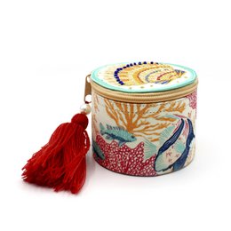 Decorative coral shell-shaped jewelry box with colorful embroidered design and red tassel.