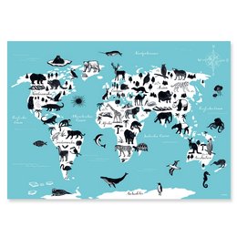 A colorful world map poster featuring various animals and symbols representing different countries and regions. The poster has a whimsical, playful style suitable for a child's room or nursery.