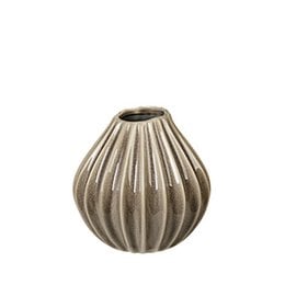 Wide bulbous vase, ribbed vertical grooves, metallic silver-grey finish, round compact shape, modern minimalist design.