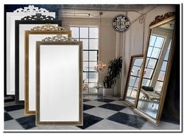 Large ornate mirror with antique gold frame, available in various finishes including antique silver, antique gold, black, white, and clear silver. Measures 94x208cm.