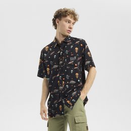  Black short sleeve casual shirt with colorful space invaders game pattern print all over