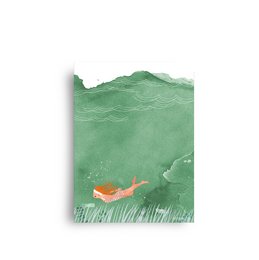 Postcard with 'explore' text and a scenic landscape illustration featuring a fox in a grassy field against a mountainous backdrop.