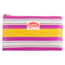 A striped makeup pouch in pink, white, and orange colors. The pouch has a zipper closure and a label that says "Etui Stripes".