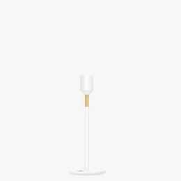 A tall, white candle holder with a gold accent.