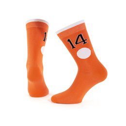 Orange socks with the number 14 printed on them, suitable for sports or casual wear.