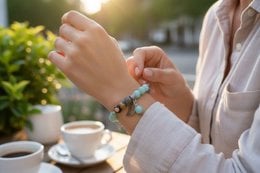 Colorful beaded bracelet with fire agate and amazonite stones, featuring a leaf charm. Ideal for casual or boho-chic outfits.