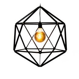 A geometric hanging lamp with a black metal frame and a warm, glowing light bulb. The lamp has a unique, angular design that would complement a modern or industrial-style interior.