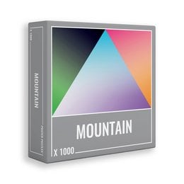 A 1000-piece jigsaw puzzle featuring a colorful geometric mountain design. The puzzle has a variety of vibrant colors including green, blue, pink, and purple.