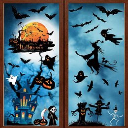 Spooky Halloween wall stickers featuring a haunted house, bats, witches, and other Halloween-themed elements in vibrant colors.