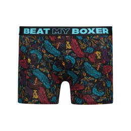  Colorful patterned men's boxer shorts with the text "Beat my Boxer" printed on them.