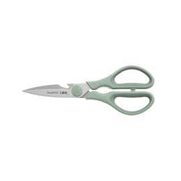 A pair of green-handled scissors with a sharp, stainless steel blade. The scissors have a forest-inspired design, making them suitable for cutting materials like paper, fabric, or plants.