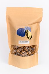 Giraffe's Coffee Refill Bag - Granola, featuring a resealable kraft paper bag with a blue and gold giraffe graphic. The granola inside is made with high-quality ingredients for a delicious and nutritious snack.