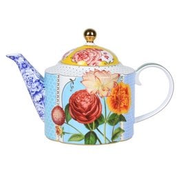  A large, ornate teapot with a floral design featuring vibrant red roses, orange flowers, and green leaves. The teapot has a domed lid and a decorative gold-colored finial on top.