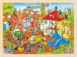 A colorful puzzle depicting a bustling construction site with various vehicles, workers, and buildings. The scene includes cranes, trucks, excavators, and a variety of construction equipment and materials.